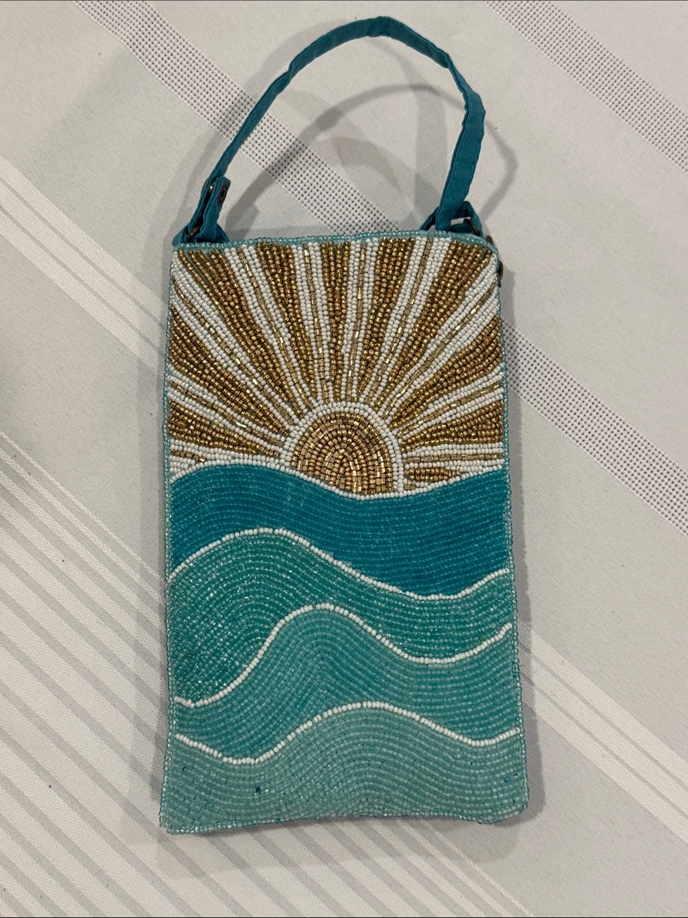 Hand-Beaded Sunrise Wave Wristlet Clutch - Teal & Gold